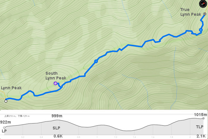 リーンピーク展望台からサウスリーンピークより本当のリーンピークまでの片道データ