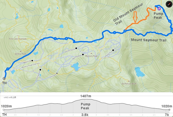 マウントシーモア駐車場からマウントシーモア山頂 3rd Peak までのハイキング トレイルルートと標高データ