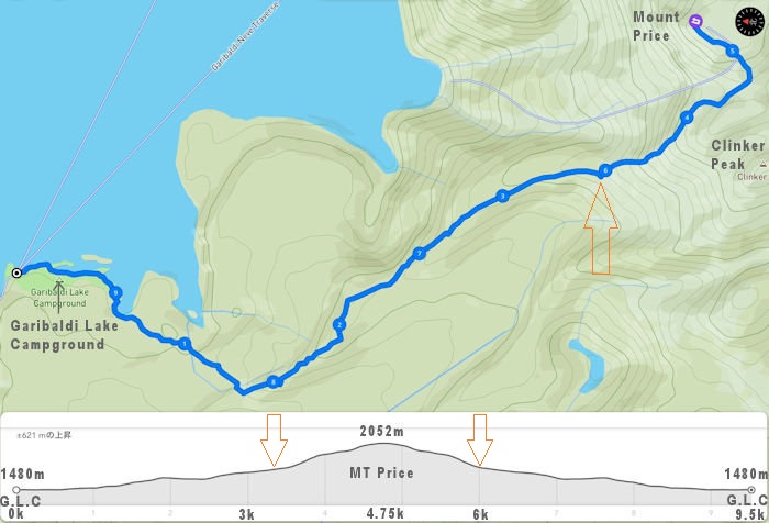 ガルバルディレイクからマウントプライス　ルートマップと標高データ