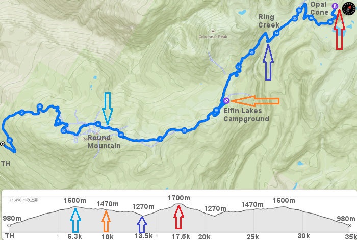 トレイルヘッドから Opal Cone オパールコーンのルートマップと標高データ